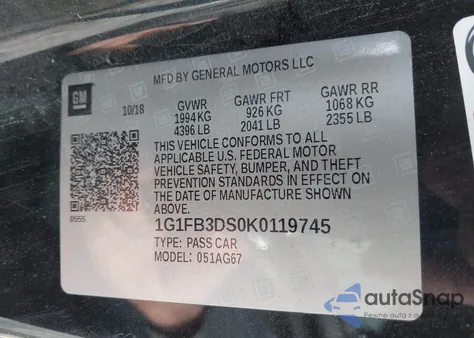 2019 Chevrolet Camaro 1Lt from USA, damaged, VIN 1G1FB3DS0K0119745
